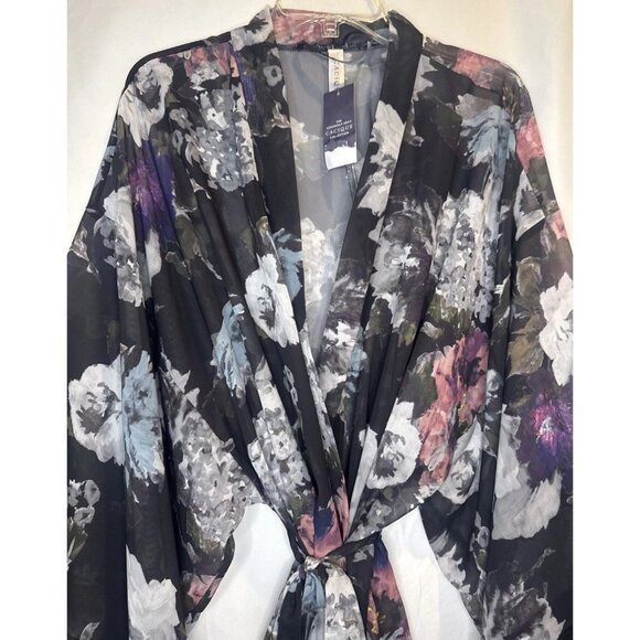 Cacique Womens Robe Tie Waist Black Pink Floral Kimono Lace Sleeves Sz 18/20 NEW - Picture 2 of 6